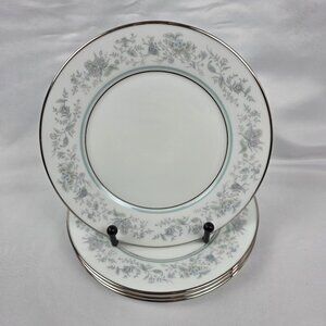 FOUR Oxford China Spring Bread Plate Multicolor Floral Rim Aqua Band